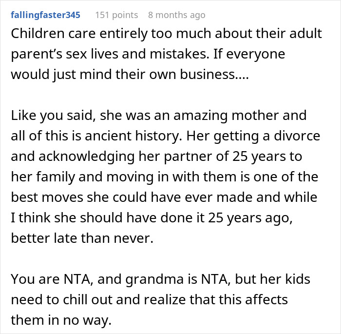 Guy Tells His Entire Family To "Grow Up" After They Got Mad At His 65 Y.O. Grandma For Having A Boyfriend And "Cheating" On Their Dad