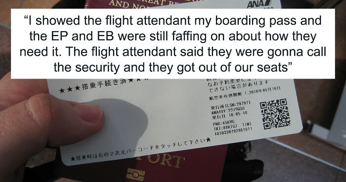 Person And Friend Find A Couple With A Baby Sitting In Their Seats, It Takes The Flight Attendant Threatening Them With Security For Them To Move