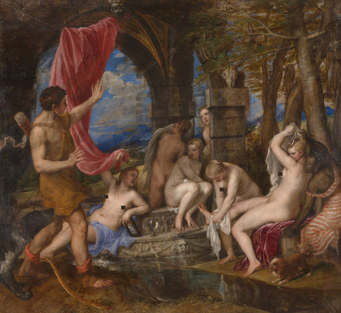 Diana And Actaeon by Titian, 1559, oil painting portrays the moment in which the hunter Actaeon bursts in where the goddess Diana and her nymphs are bathing