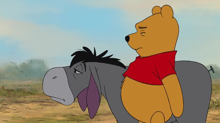 Winnie the Pooh and Eeyore standing in the fields