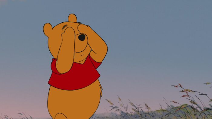 Winnie the Pooh with the hands on his eyess