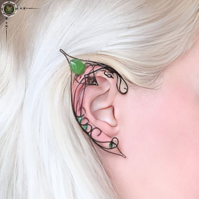 Black Birds Elf Ears - Enchanting Elf Ears Earrings With Green Crystals And Bird Figures