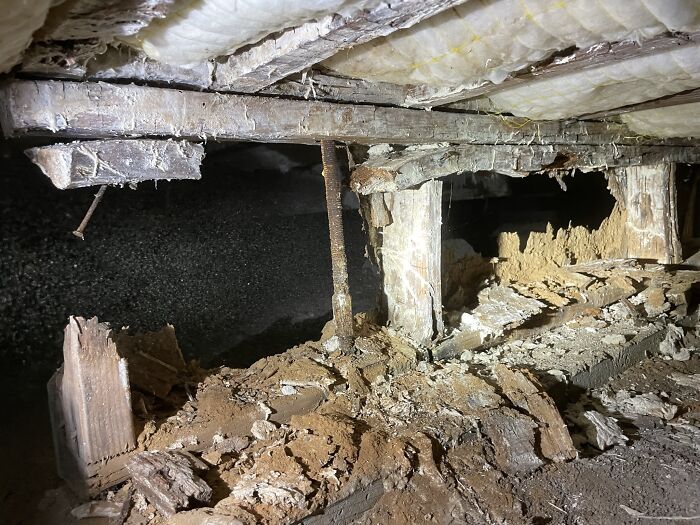 This Crawlspace Offers A Unique Challenge Of Figuring Out Which Piece Goes Where...if Any At All! It's Like Playing A Game Of Tetris, Except The Pieces Don't Quite Fit And Gravity Always Wins. The Deteriorated Condition Of The Structural Support System Becomes Evident As Sections Of It Are Crumbling Away