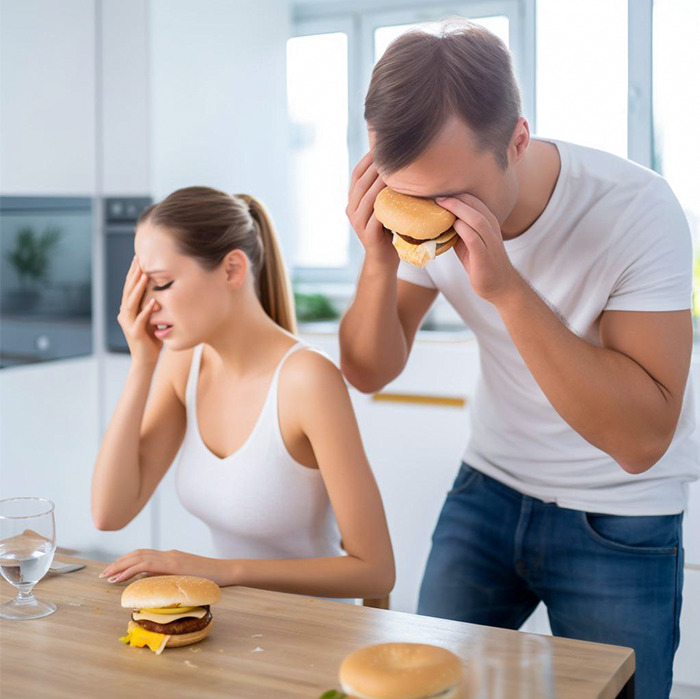 A Man Mansplaining A Woman On How To Eat A Hamburger
