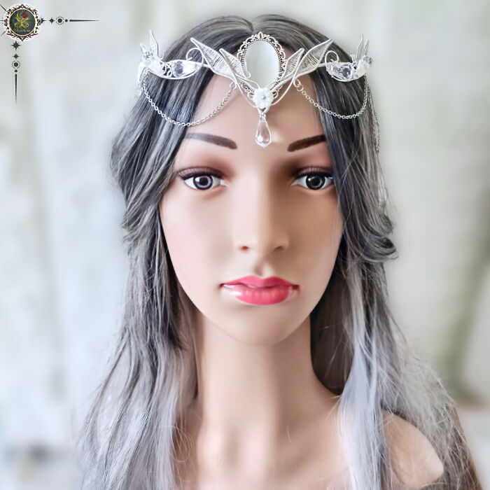 White Elegance Tiara - Silver And White Tiara With Crystals And Cat's Eye, Fit For An Enchanting Elven Bride