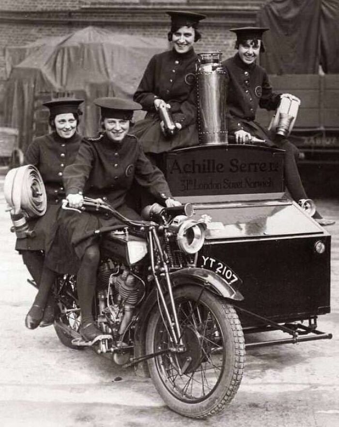 A Female Firefighting Team On A Converted Motorcycle In London, 1932