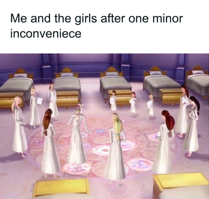 barbie 12 dancing princesses gathered in a circle meme