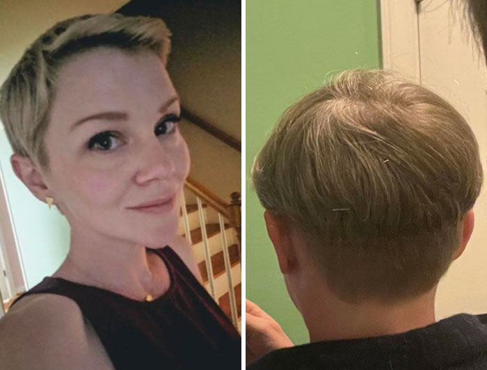 A Hairdresser Approached Me At The Bar And Said She Could Cut My Pixie Better Than It Was. I Went To Her. She Gave Me A Bowl Cut. Before On The Left, Bowl Cut On The Right