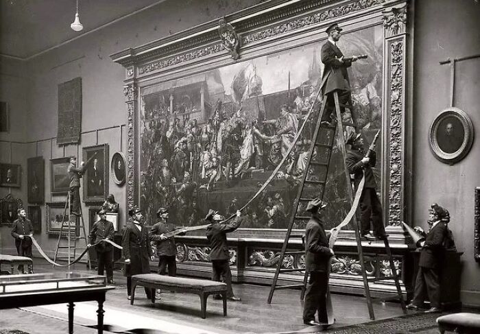 Fire Drill In Cloth Hall Museum In Kraków, Poland. The Painting In "Prussian Homage" By Jan Matejko. Poland, 1930