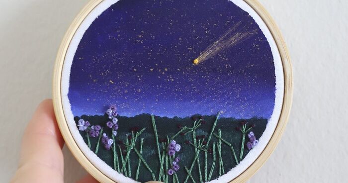 I Create Embroidery Pieces Combined With Acrylics Of Colorful Landscapes (28 Pics)