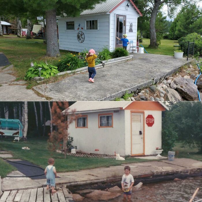 My Kids Playing Along The Shoreline At Our Camp In 2022 And My Brother And I Back In 1991