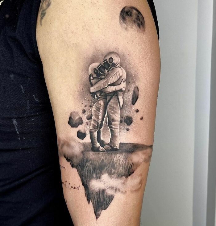 Tattoo uploaded by Colja • Into Space #astronaut #space #blackwork #healed  #stars #moon #leg #myown • Tattoodo