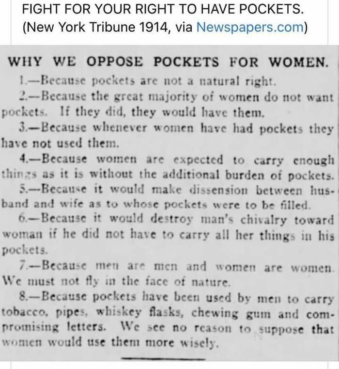 9. If A Woman Dare Have A Pocket, Her Uterus Would Wobble Away From Her Body And Run Away!