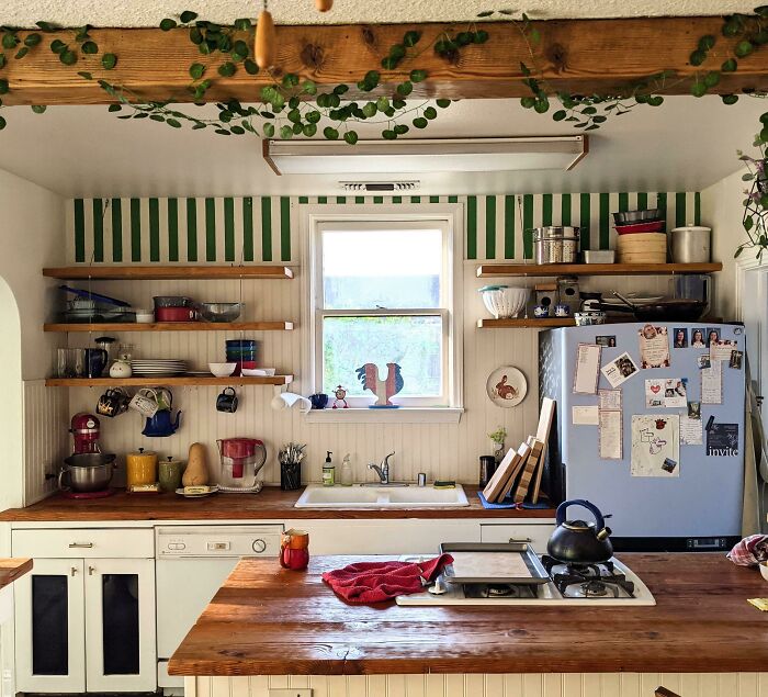 Just Finished Painting Green Stripes To Match The Beadboard In My Kitchen 