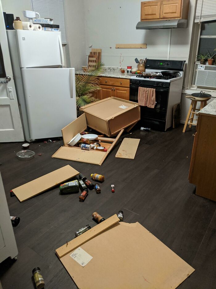 Cabinet Fell Off The Wall While I Was Out. Handmade Dishes I've Collected From Little Shops And Farmers Markets Over The Years, Now Shattered. I Guess It's Fine I Don't Have Dishes Anymore, Since The Cabinet Knocked Open The Fridge Door, Ruining All My Food