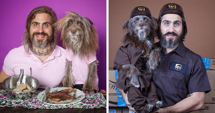 Human-Animal Doppelgangers: 30 Captivating Photographs Of A “Dog Dad” And His Pup Companion In Matching Outfits (New Pics)