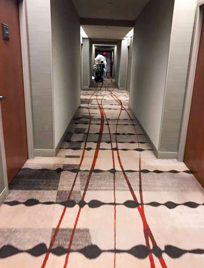 It Looks Like The Hotel Cart Ran Someone Over And Is Dragging Their Blood Through The Halls