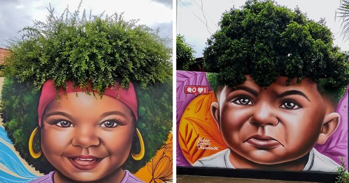 Street Artist Continues To Paint Portraits On Walls Next To Trees That Double As Hair