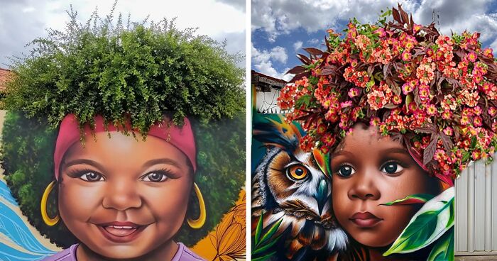 Artist In Brazil Paints Murals Next To Trees That Create An Effect Of Hair For His Portraits