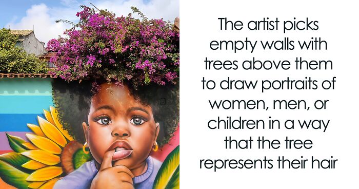 Street Artist Continues To Paint Portraits On Walls Next To Trees That Double As Hair