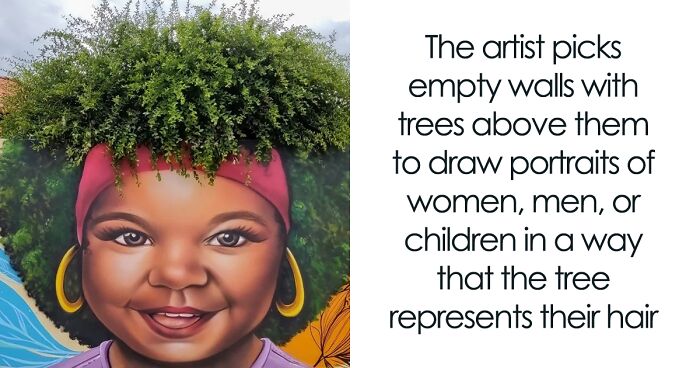 Street Artist Continues To Paint Portraits On Walls Next To Trees That Double As Hair