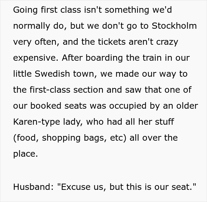 Spouses Upset Seeing A Random Karen In Their Booked 1st Class Train Seats And Refusing To Move