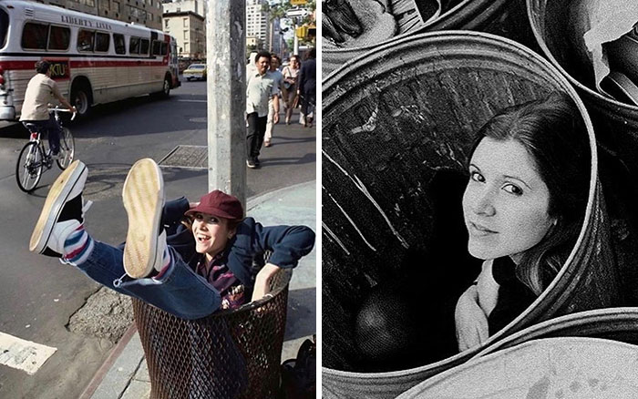 Carrie Fisher Posing In Trash Cans, 1980 And 1976