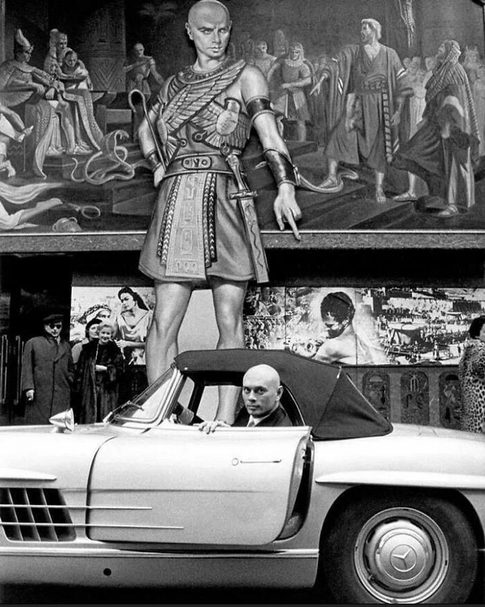 Actor Yul Brynner Arriving To The Premiere Of The Movie "The Ten Commandments" In His Mercedes 300 Sl Roadster, 1956