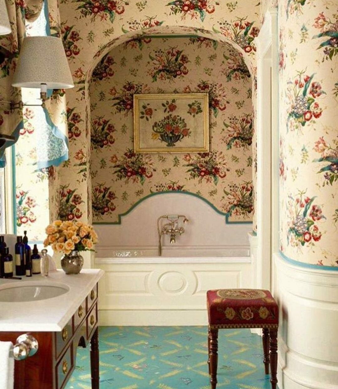 Bathroom with rustic fern pattern wallpaper and sink