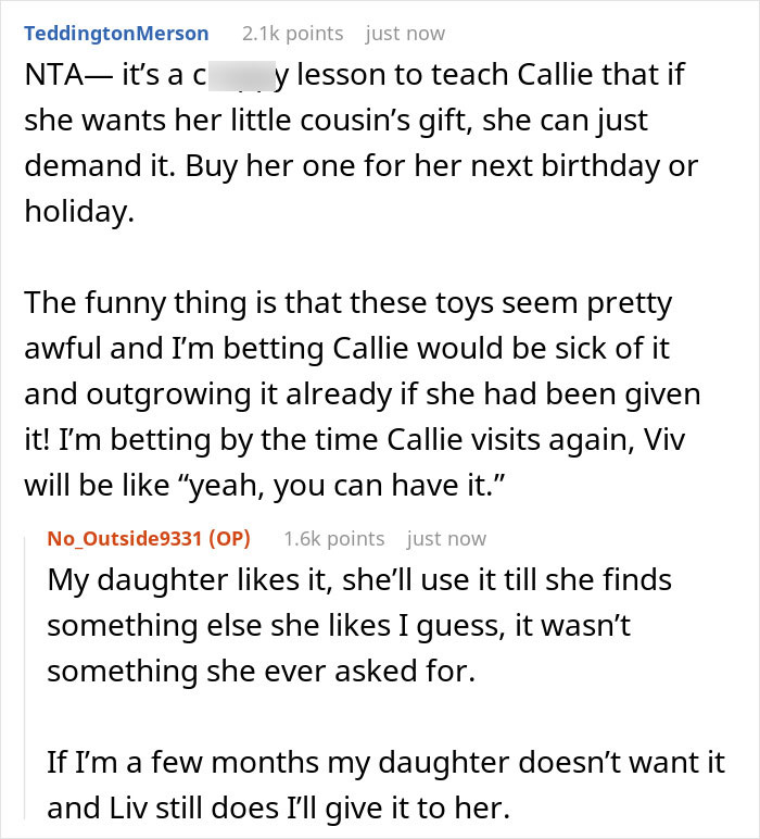 Mom Refuses To Return Her Daughter’s Birthday Gift Due To Own Sister’s Whim, Gets Called A Jerk