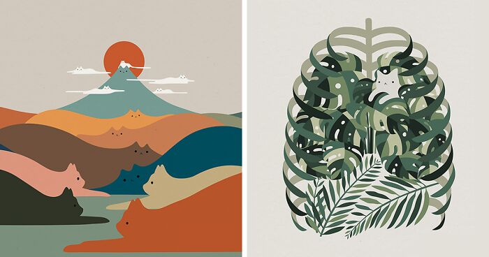 My 40 Minimal Illustrations Featuring Cats Blended Into Natural Landscape Scenes (New Pics)