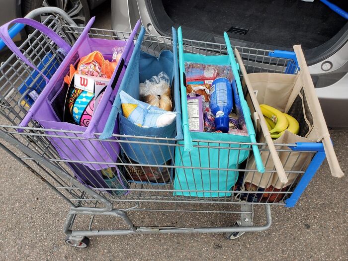 A Set Of Four Super Durable Food Shopping Bags You Can Set Up In Your Shopping Cart To Keep Food Shopping As Efficient And Mess-Free As Possible