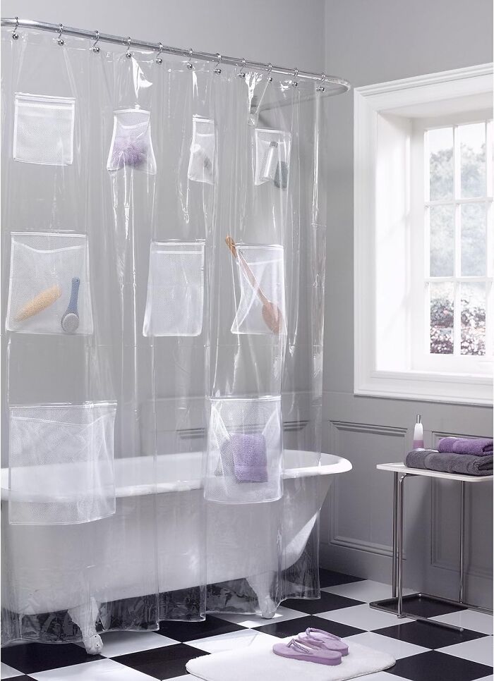 A Shower Curtain With Quick-Dry Mesh Pockets That Will Keep Your Soap And Loofahs Stored And Safe Away From Water ⁠— Where They Are Likely To Last Way Longer!