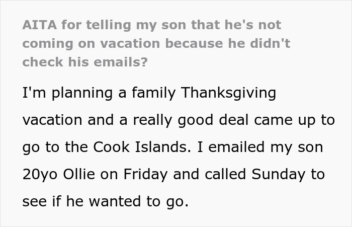 “AITA For Telling My Son That He's Not Coming On Vacation Because He Didn't Check His Emails?”