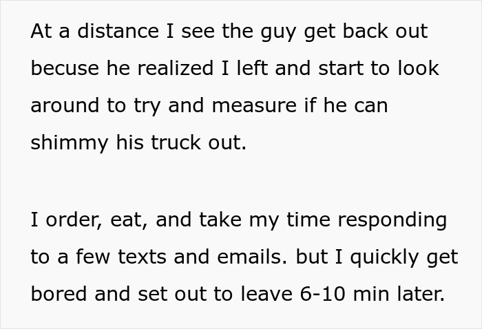 Guy Blocks A Truck That Parked In 4 Spots, Sees Owner Raging And Goes For A Pretzel To Waste Time