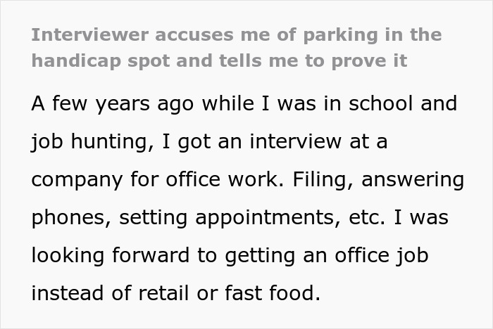 Person Leaves Interview When Manager Demands They Prove It’s Not Their Car In The Handicap Spot