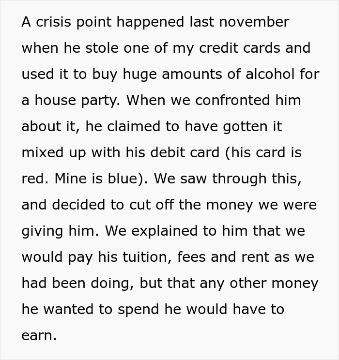 "He Stole One Of My Credit Cards": Entitled Son Expects His Well-Off Boomer Parents To Support Him