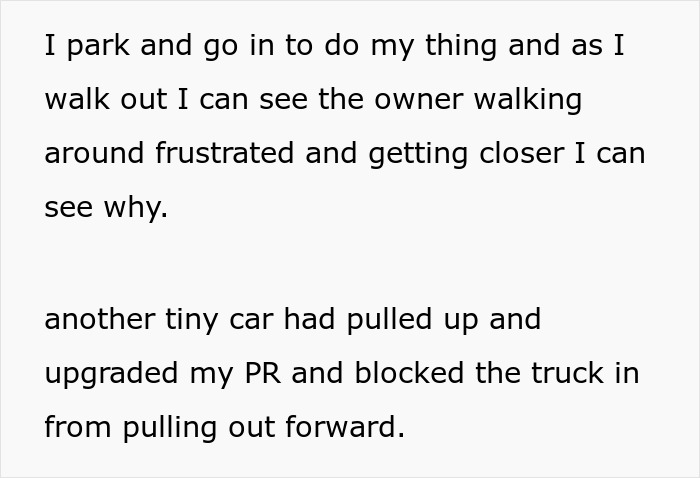 Guy Blocks A Truck That Parked In 4 Spots, Sees Owner Raging And Goes For A Pretzel To Waste Time