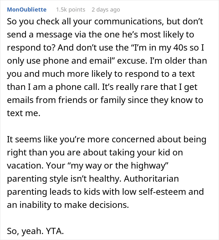 “AITA For Telling My Son That He's Not Coming On Vacation Because He Didn't Check His Emails?”