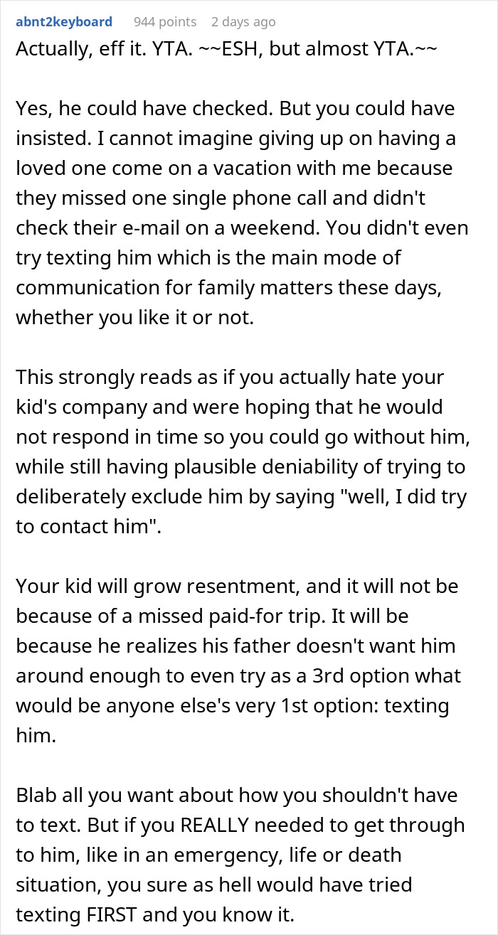 “AITA For Telling My Son That He's Not Coming On Vacation Because He Didn't Check His Emails?”