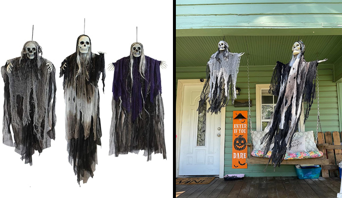 JOYIN 3 Pack Hanging Halloween Skeleton Ghosts Decorations: Their adjustable arms and horrifying looks set the perfect scare scene for your trick-or-treaters.