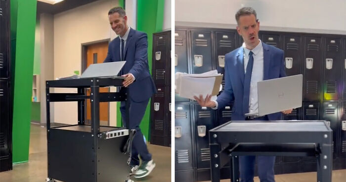 Principal Goes Viral After Showing How He Traded His Office Desk For A Rolling Cart