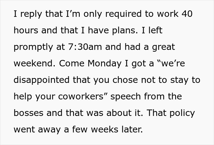 Person Maliciously Complies With A Stupid Work Policy By Coming To Work For Only 30 Minutes