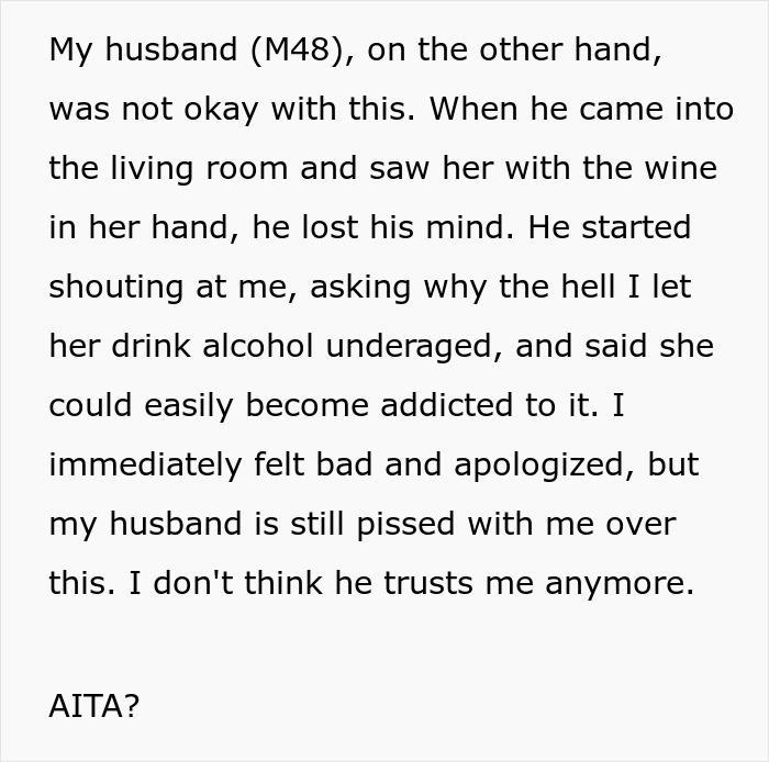 Wife Apologizes To Husband For Giving Wine To Their Teen Daughter But He Cannot Let Go Of It