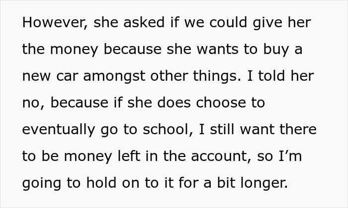 17-Year-Old Thinks She Is Entitled To Spend College Fund Money The Way She Wants, Gets Turned Down