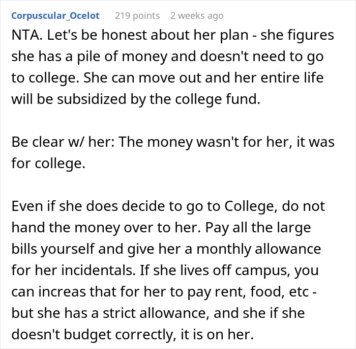 17-Year-Old Thinks She Is Entitled To Spend College Fund Money The Way She Wants, Gets Turned Down