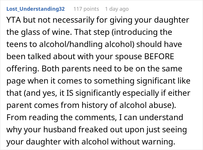 Wife Apologizes To Husband For Giving Wine To Their Teen Daughter But He Cannot Let Go Of It