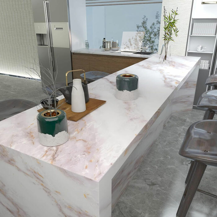 Kitchen with marble wallpaper countertop