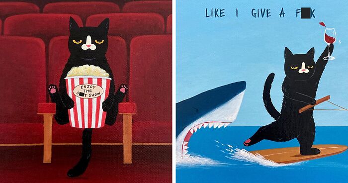 ‘Studio After Cigs’: 80 Funny Paintings Showcasing A Sassy Black Cat (New Pics)