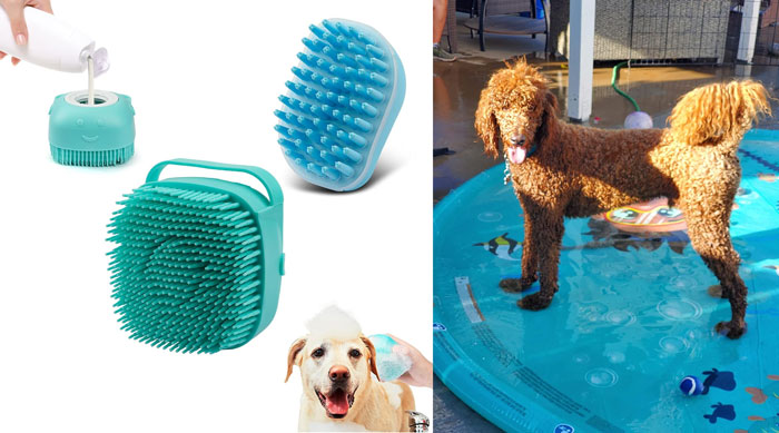 2pack Dog Bath Brush: Featuring an in-built shampoo dispenser for efficient washing, soft silicon bristles for gentle grooming and massaging, and an ergonomic gripping handle – ideal for maintaining your pet's cleanliness and skin health.